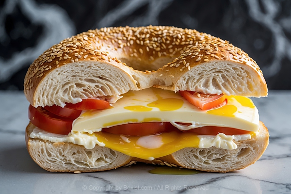 Bagel Sandwich Half Filled With Cheese And Tomatoes