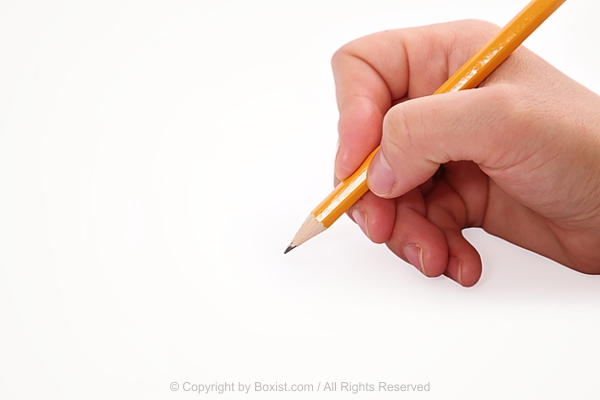 Hand Holding Yellow Pencil Poised To Write On Blank White Background