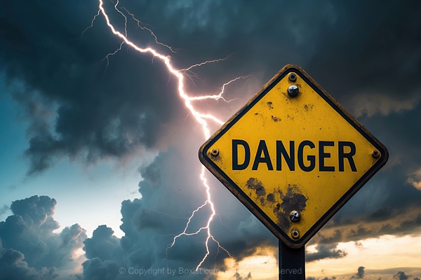 Warning Danger Sign With Weathered Appearance Against Bolt Of Lightning Striking And Stormy Sky