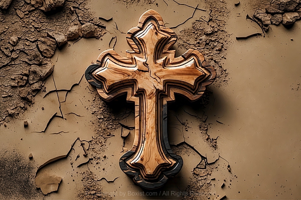 Olive Wood Grains Old Gothic Cross Placed Sand Cracked Mud