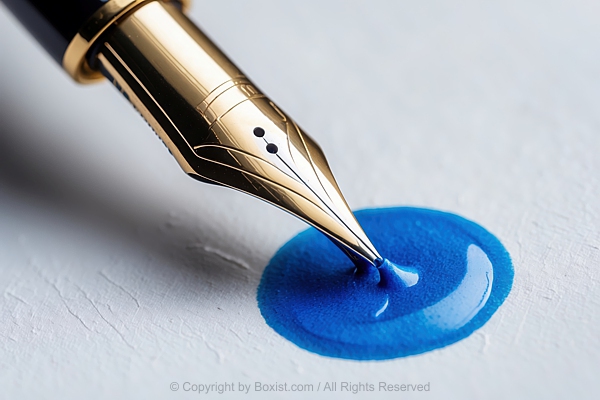Fountain Pen Nib On White Paper Releasing Droplet Of Vibrant Blue Ink