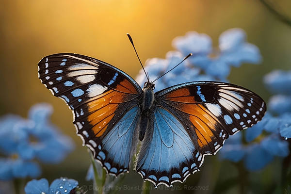 Beautiful Butterfly With Open Wings Over Flowers