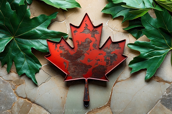 Red Rusty Metal Canadian Maple Leaf Symbol On Stone Surface Background