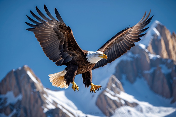 Bald Eagle Soaring In Front Of A Snow Capped Mountain