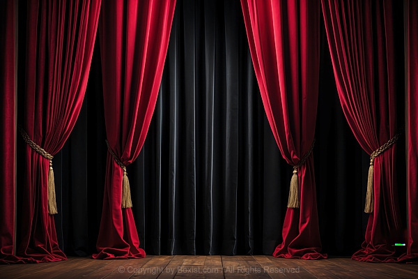 Classic Vibrant Red And Black Theater Curtains With Wooden Floor
