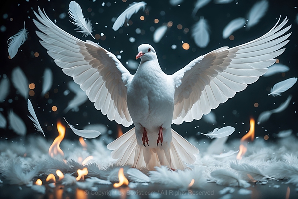 White Dove With Open Wings Surrounded By White Feathers And Fire