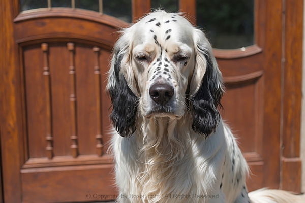 Closeup Of Old English Set Dog Sitting In Front Of Wooden Door