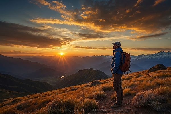Backpacker Standing And Watching Sunrise
