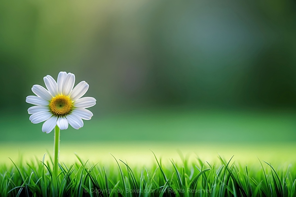 Small White Daisy On Green Grass Against Blurred Background