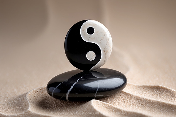 Yin Yang Symbol Stone On Sand Surface