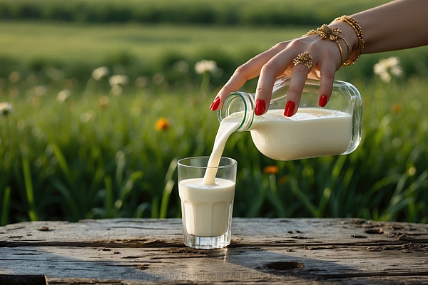 Hand Pouring Milk Into Cup On Wooden Table