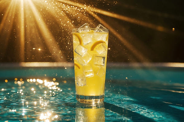 Lemonade Glass With Ice Cubes On Shiny Water Surface