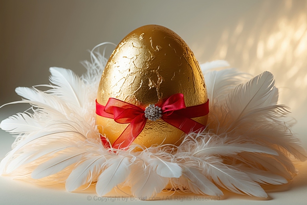 Golden Easter Egg With Red Bow And White Feathers