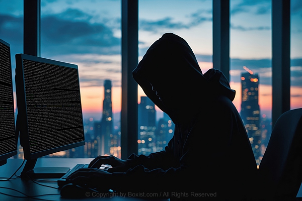 Hooded Man Working On Computer
