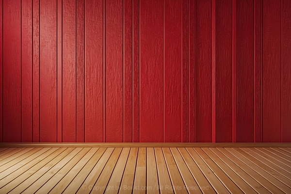 Red Wooden Wallpapered Wall And Brown Wooden Floor Interior Design