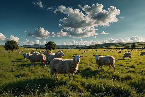 Herd Of Sheep Grazing In Green Field