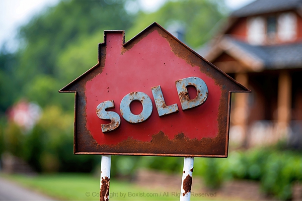 Rusty Old Red House Shaped Sold Sign Against Blurry Houses Background