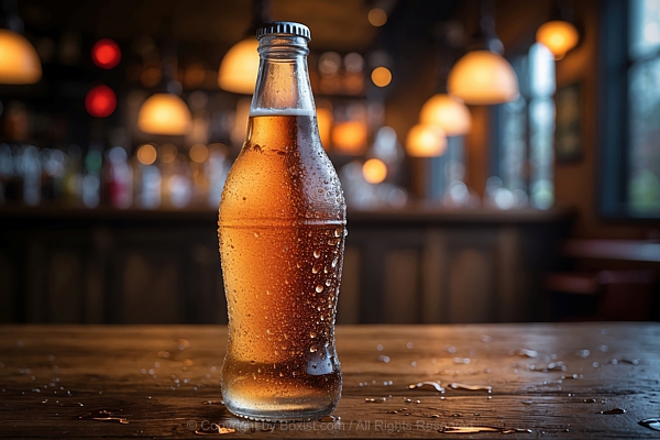 Glass Bottle Of Flavored Soda Covered In Condensation Droplets Placed On Wooden Table