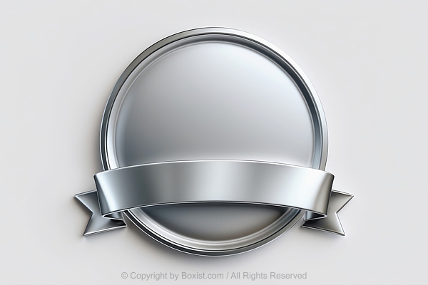 Shiny Silver Color Circular Emblem With Ribbon Banner Positioned Across The Lower Portion