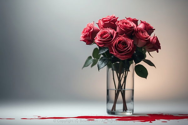 Red Roses In Glass Vase With Blood Stains On Surface