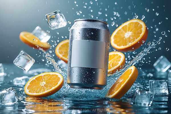 Can Of Drink Splashing With Ice Cubes And Orange Slices
