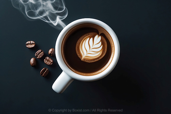 White Ceramic Cup With Rich Dark Coffee Beans Rest Beside The Cup