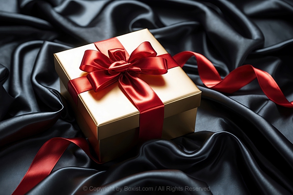 Golden Gift Box With Glossy Red Ribbon On Black Satin