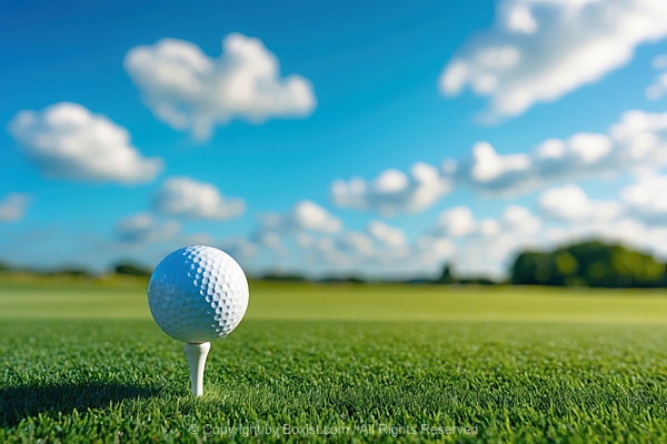 Golf Ball On Tee Against Green Grass And Blue Sky