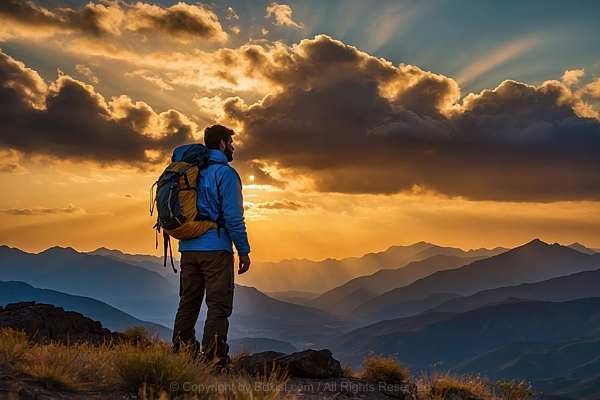 Man With Backpack Watching The Sunset Over The Mountains