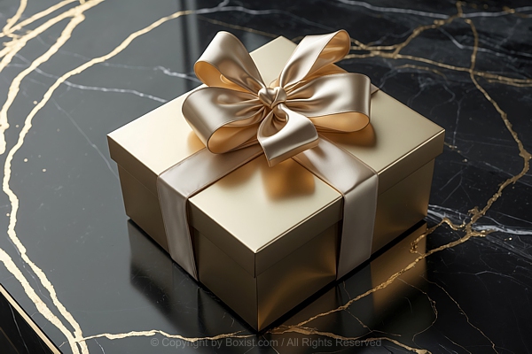 Golden Gift Box With Ribbon On Sleek Black Marble
