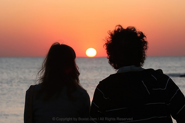 Sunset Moment As Couple Observes Sun Sinking Into Ocean