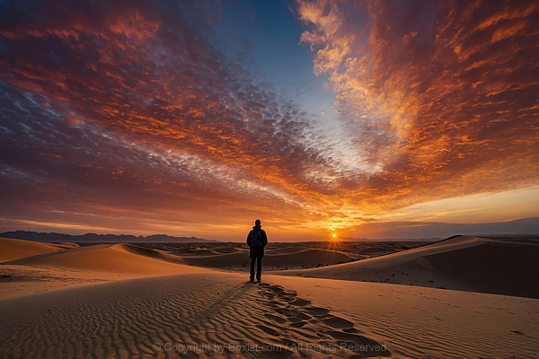 Man Silhouette Standing In The Desert And Watching The Sunset