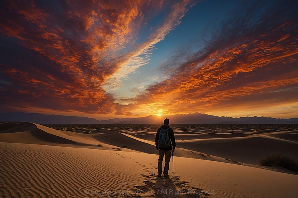 Silhouette Of A Man Walking The Desert Sand At Sunset