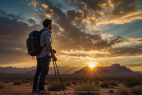 Photographer Standing With Tripod Watching Sunset