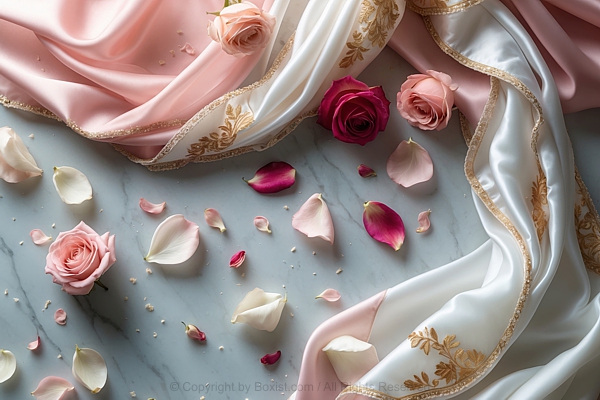 Smooth Marble With Delicate Silk Fabrics And Rose Petals Scattered