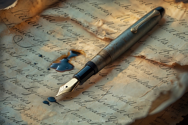 Fountain Pen On Old Written Vintage Paper
