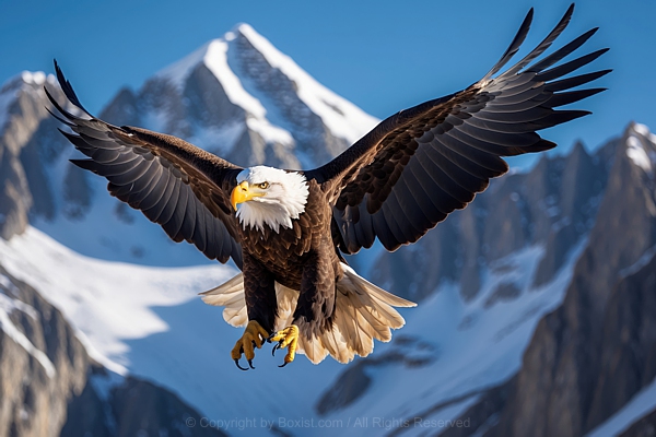 Bald Eagle Flying In The Sky With Snow On The Mountain Behind It