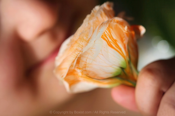 Closeup Of Young Kid Holding Flower And Smelling It