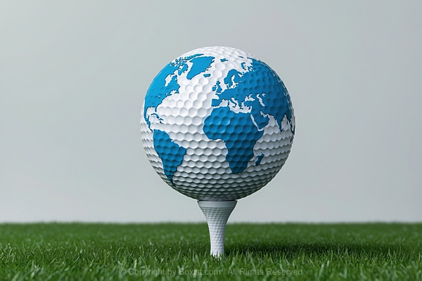 Golf Ball Stylized Globe Positioned On White Golf Tee On Grass Background