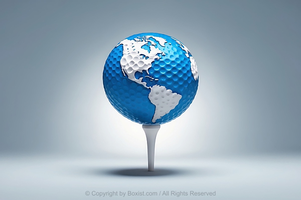 Stylized Globe Designed To Resemble Golf Ball Positioned On White Golf Tee