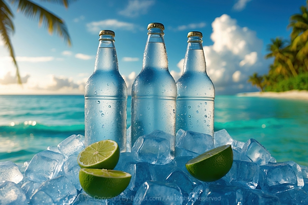 Cold Fresh Sparkling Bottles On Ice Cubes With Lemon Slices On Beach