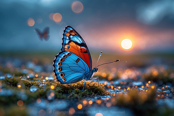 Macro Of Beautiful Butterfly Standing On Grass At Sunrise