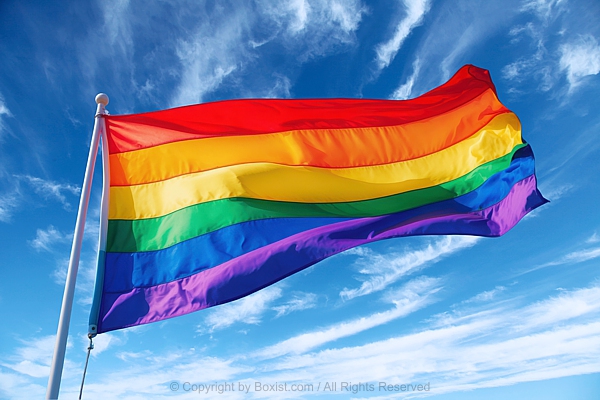 Rainbow Flag Waving In The Wind Against Clear Blue Sky