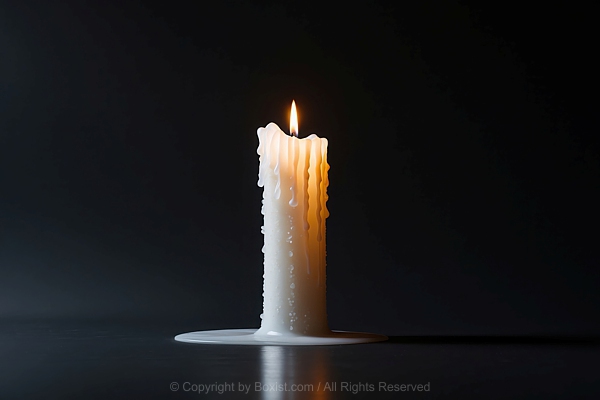 Single And Tall White Melted Candle With Flame Against Black Background