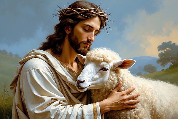 Painting Depicting Jesus With White Sheep