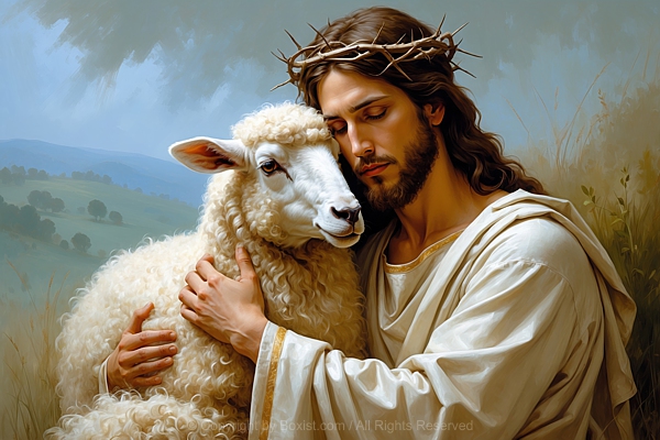 Painting Depicting Jesus Holding And Hugging Sheep