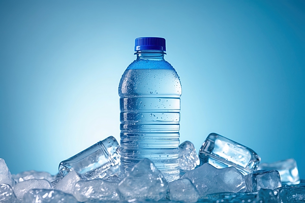 Closeup Of Plastic Bottled Mineral Water On Ice Cubes