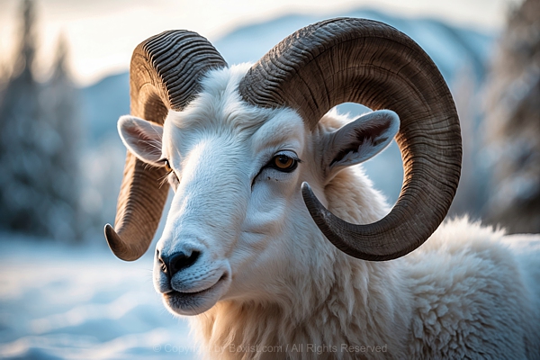 Dall Sheep With Large Horns Closeup Portrait