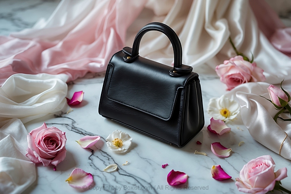 Black Leather Women Handbag Surrounded With Silk And Flowers