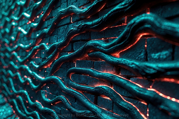 Dark Bricks Wall With Abstract Glowing Roots